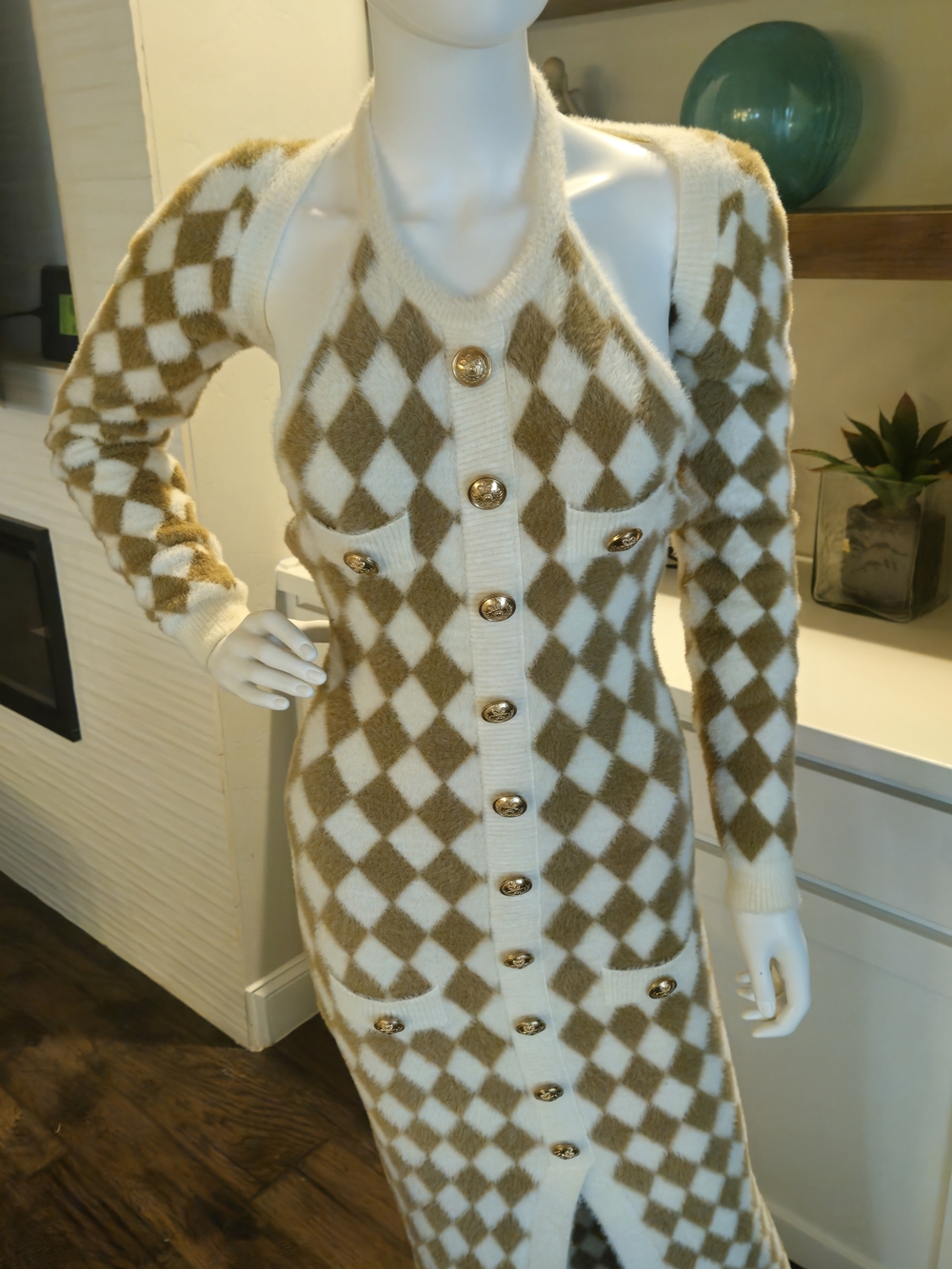 L'ATISTE Cream, Brown Maxi Dress w/Shoulder Jacket